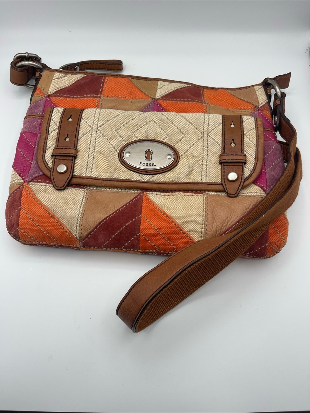 Fossil Patchwork Crossbody Bag - Orange, Tan & Pink